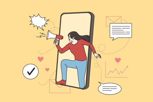 Woman blogger hold megaphone make sale or promotion announcement on smartphone. Female influencer advertise online on social media on cellphone. Target advertisement. Flat vector illustration.