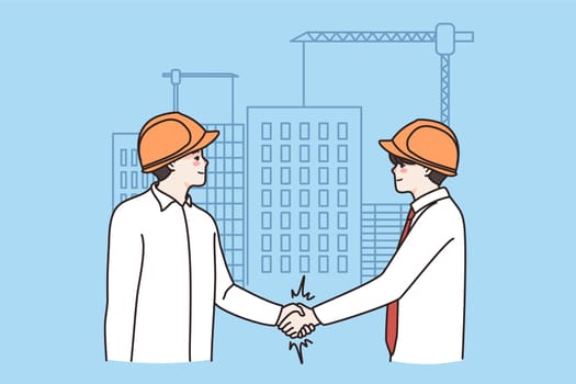 Happy businessmen in helmets handshake at construction site make agreement. Smiling male business partners shake hands close real estate deal. Urban infrastructure concept. Vector illustration.