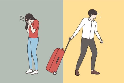 Decisive man with suitcase leave crying unhappy woman. Family separation. Husband with luggage breakup with upset desperate wife feeling depressed. Marriage dissolution. Vector illustration.