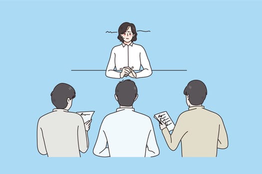 Anxious girl student in front of teachers answer at exam in college on university. Worried female employee frustrated at job interview in office. Employment and recruitment. Flat vector illustration.