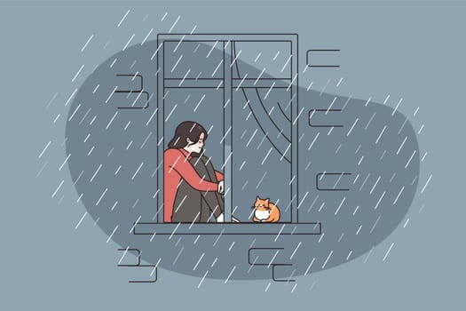 Unhappy young woman sit at home look in window feel lonely and abandoned, suffer from depression. Upset stressed girl with cat indoors, struggle with anxiety or mental disorder. Vector illustration.