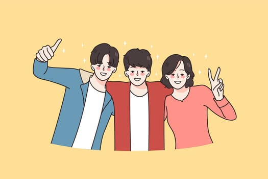 Portrait of happy diverse best friends hug stand together for picture. Smiling young people feel cheerful. Youth or student community. Friendship concept. Vector illustration, cartoon character.