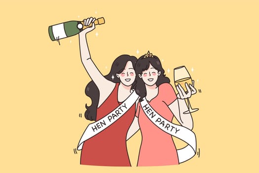 Smiling girlfriends drink champagne celebrate hen party together. Happy young women in dressed have fun at bachelorette celebration. Marriage and engagement. Bride to be. Flat vector illustration.