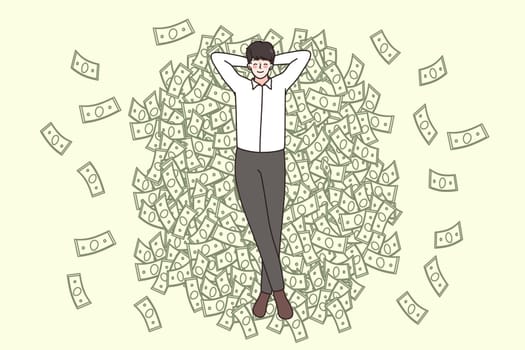 Happy young businessman lying on money pile feel overjoyed with financial success and stability. Smiling man employee on stack with banknotes get dividend from investment. Flat vector illustration.