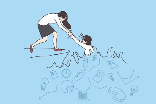 Businesswoman help female colleague come out of work crisis. Woman employee give hand to coworker. Mentoring and partnership concept. Job friendship and assistance. Vector illustration.