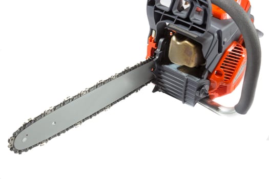 red new chainsaw on a white background