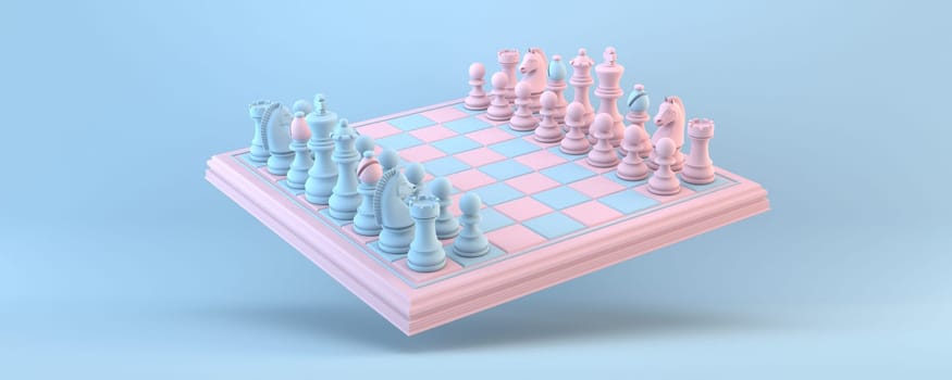 Chess board Starting position 3D rendering illustration isolated on blue background