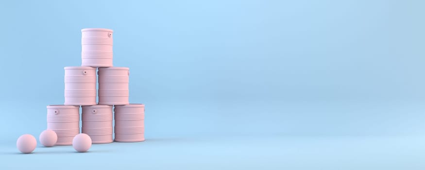 Tin cans and three balls 3D rendering illustration isolated on blue background