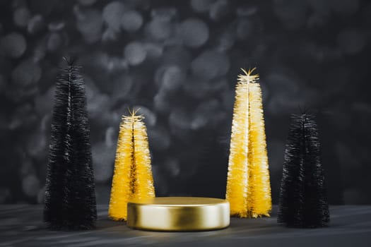 Podium pedestal product mockup display with miniature Christmas trees in black and gold, 3d illustration