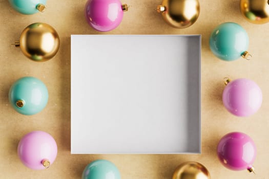 3D rendering of a Christmas background with baubles around an empty box in the center with copy space for text