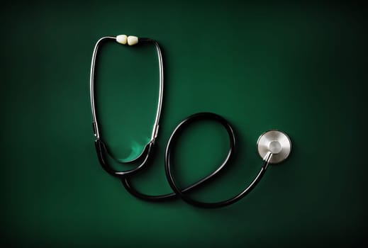 Medical stethoscope on green table background. Flat lay.