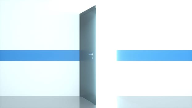 Empty corridor with open 3d render exit. Concept of adjusting life situation and career luck. Abstract bright dream come true and entrance to virtual reality. New breaking opportunities in destiny.