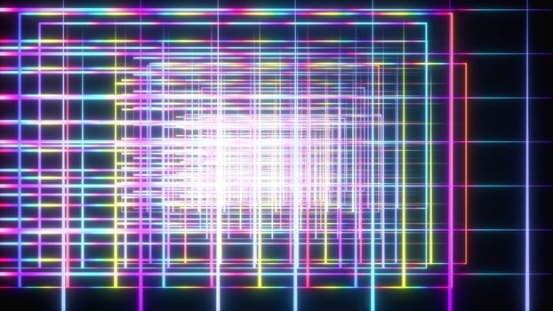 Geometric 3d render intersecting lines in digital synthwave. Thin strips rays running along vaporwave surfaces. Electronic futuristic disco with brilliant techno style. Night party in retro design.