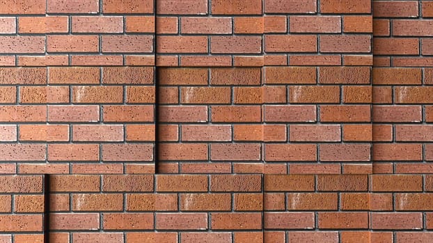 Architectural masonry with 3d render of square cutouts. Fashionable style of construction with rough brick blocks and layers of hardened mortar. Urban minimalism of buildings with simple design.