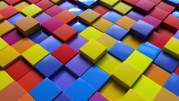 Geometric 3d render simple squares laid with lines on surface. Multicolored boxes in dynamic lighting with bright highlights. Digital wall creative presentation made of blocks