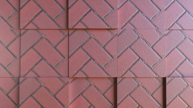 Architectural masonry with 3d render of square cutouts. Fashionable style of construction with rough brick blocks and layers of hardened mortar. Urban minimalism of buildings with simple design.