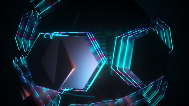 Digital geometric 3d render of shapes with abstract swirling lines and fractal debris. Vibrant cyber rifts with vibrant gradient and dynamic light. Fantastic electronic party and presentation.