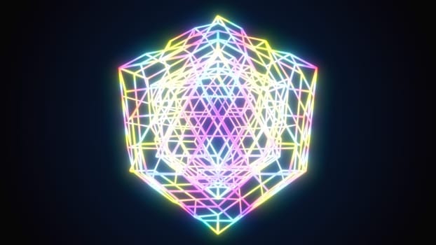 Holographic polygon 3d render with bright gradient. Abstract cyber fractal with braided lines. Complex block in futuristic ornament. Element of online decor in presentation with creative lighting.
