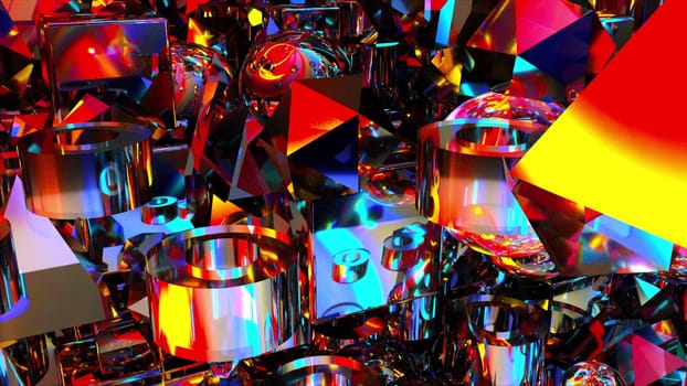 Bright precious 3d render geometrical stones with glare of magical gemstone light. Polygonal iridescent sapphires reflecting quartz minerals and prismatic abstract crystals.