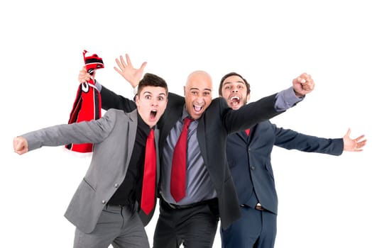 Happy businessmen with football scarf celebrating a victory isolated in white