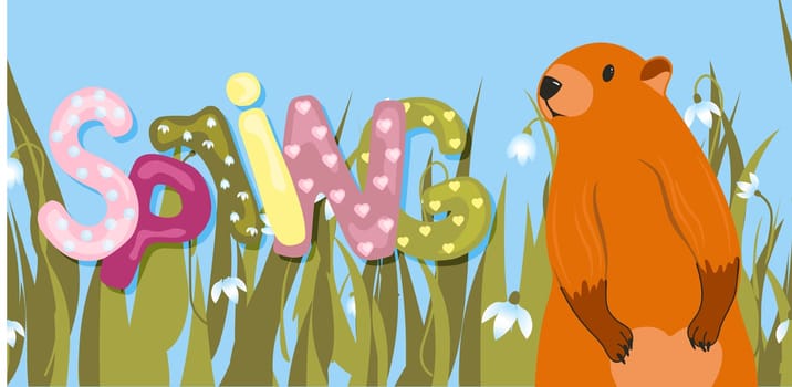 Spring. The inscription on a light background. Trendy trendy background. Groundhog Day horizontal banner. Spring meeting. Cute character marmot rodent.