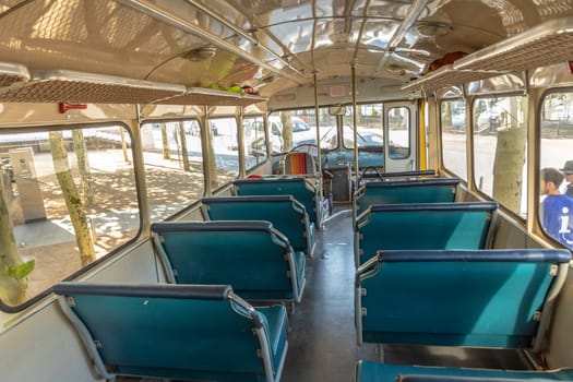 FRANKFURT, GERMANY - SEP 17, 2018: inside of an old mercedes postal bus who operated from 1976 to 2002.