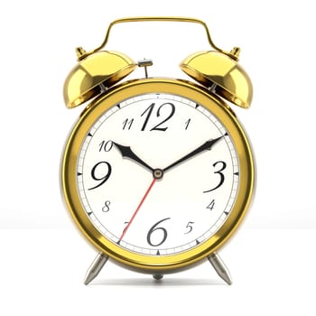 Alarm clock on white background with shadow. Vintage style golden color clock with black hands.