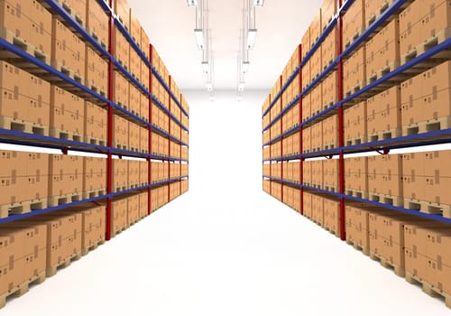 Warehouse shelves filled with large boxes. Retail, logistics, delivery and storage concept. Generic brown containers on racks lined in two rows. Passage in a big storage house. Distribution facility.