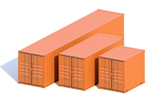 Set of 3 ship cargo containers 10 20 40 feet length. Brown metallic freight box isolated on white background. Marine logistics, harbor warehouse, customs, transport shipping concept. 3D illustration