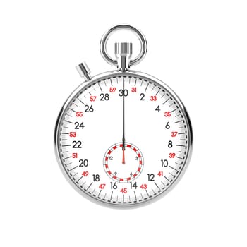 Mechanical stopwatch illustration. Retro classic style clock. Metallic chronometer with white face and black and red numbers. Isolated on white background. Time is money, deadline, accuracy concept.