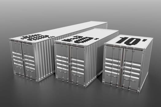 Set of 3 ship cargo containers 10 20 40 feet length. Grey metallic freight box on grey background. Marine logistics, harbor warehouse, customs, transport shipping concept. 3D illustration