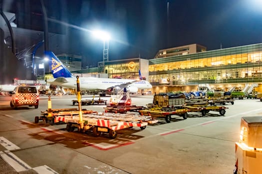 Frankfurt, Germany - November 21, 2019: aircraft at the terminal at Frankfurt international airport in Germany.