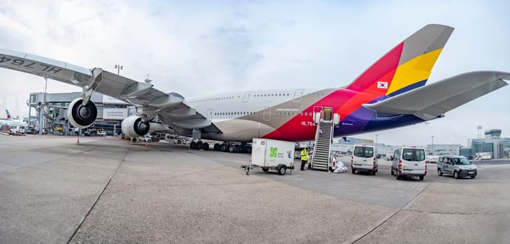 Frankfurt, Germany - November 21, 2019: aircraft at the terminal at Frankfurt international airport in Germany.