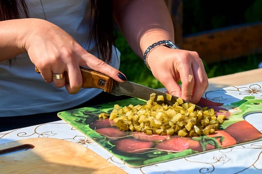 slicing pickles on a cutting board. High quality photo