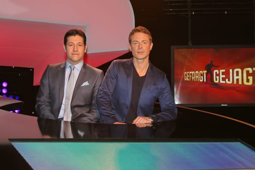 Alexander Bommes and Sebastian Jacoby (Der Jaeger),photo opportunity of the quiz show "Gefragt - Gejagt"" at Studio Hamburg,Hamburg,24.04.2015"