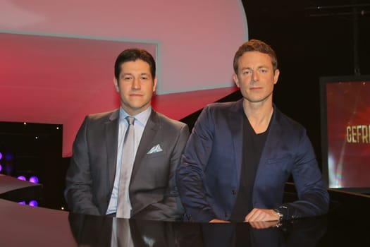 Alexander Bommes and Sebastian Jacoby (Der Jaeger),photo opportunity of the quiz show "Gefragt - Gejagt"" at Studio Hamburg,Hamburg,24.04.2015"