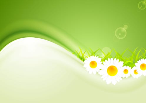 Modern bright summer background. Vector camomiles and shiny waves for design