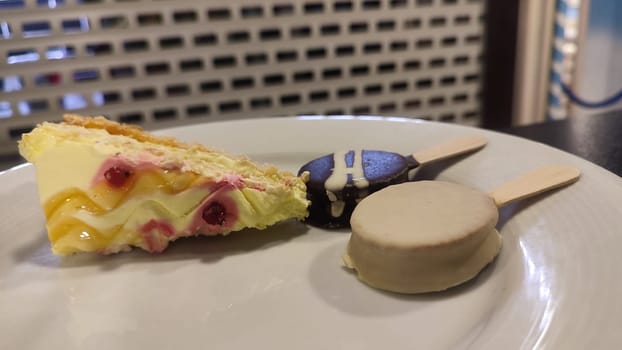 sweet cakes with cream, desserts desserts food white plate kitchen tasty cooking cafe restaurant breakfast morning ice cream. High quality photo horizontal format image