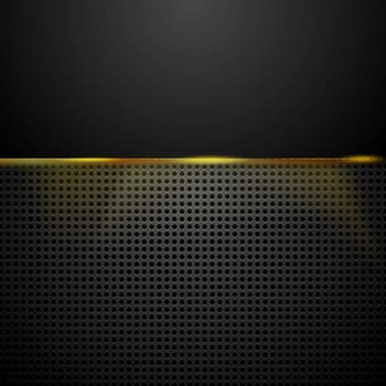 Dark tech perforated background with glowing light. Vector template