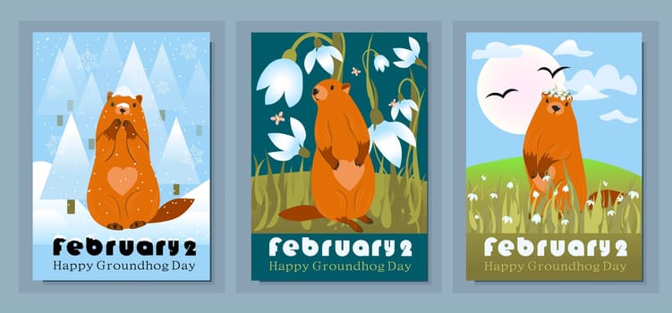 Happy groundhog day design with cute marmots. Marmot or beaver wild animal relax on nature vector illustration. Funny character. set of greeting cards. Vector illustration.