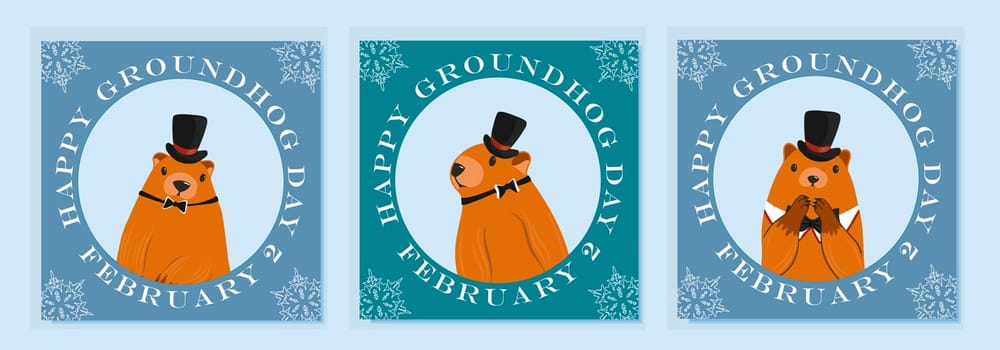 Happy groundhog day design with cute marmots. Marmot or beaver wild animal relax on nature vector illustration. Funny character. set of greeting cards. Vector illustration.