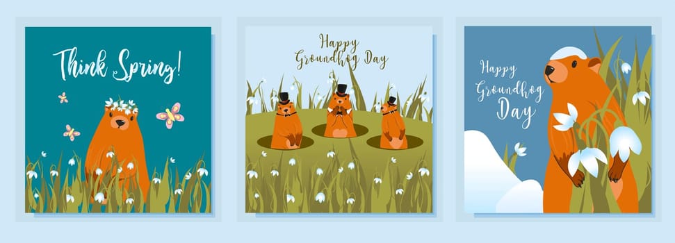 Happy groundhog day design with cute marmots. Marmot or beaver wild animal relax on nature vector illustration. Funny character. set of greeting cards. Vector illustration.