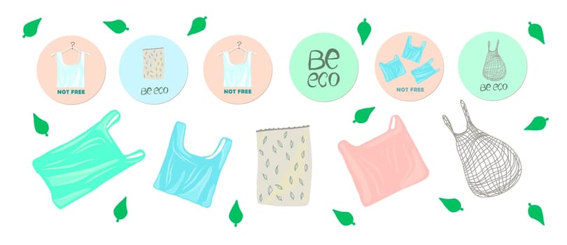 paid disposable packages to supermarkets, plastic bags, balls for vegetables, cereals and candies. Eco activity. Environmental protection. Vector illustration on the theme of smart consumption and eco