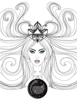 Fortune teller woman reading future on magical crystal ball
