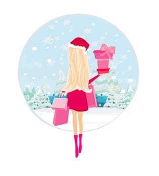 Winter girl with gift box, holiday sale card
