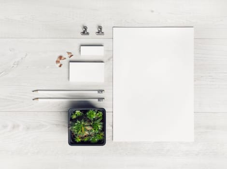 Photo of blank stationery set on light wooden background. Corporate identity mockup. Responsive design template. Top view. Flat lay.