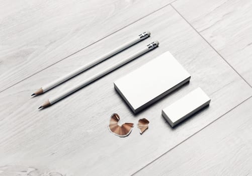 Blank stationery set. Blank business cards, pencils and eraser. Template for branding identity.