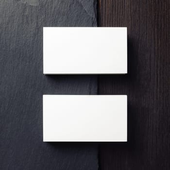 Photo of two blank business cards. Branding ID template. Top view. Flat lay.
