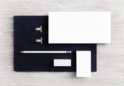 Blank branding identity set. Corporate stationery template. Top view. Flat lay.