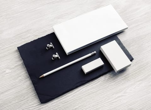 Branding mock up. Photo of blank corporate stationery set.
